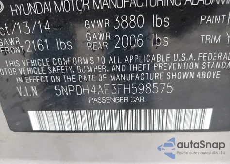 2015 Hyundai Elantra Se из США, поврежденный, VIN 5NPDH4AE3FH598575